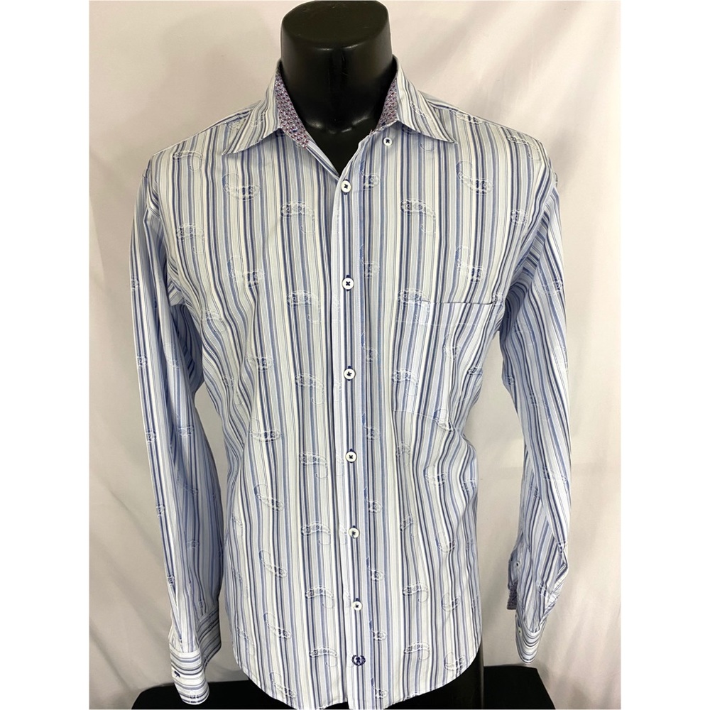 Bugatchi Uomo Mens Button Down Shirt White Blue Striped Paisley Cotton L